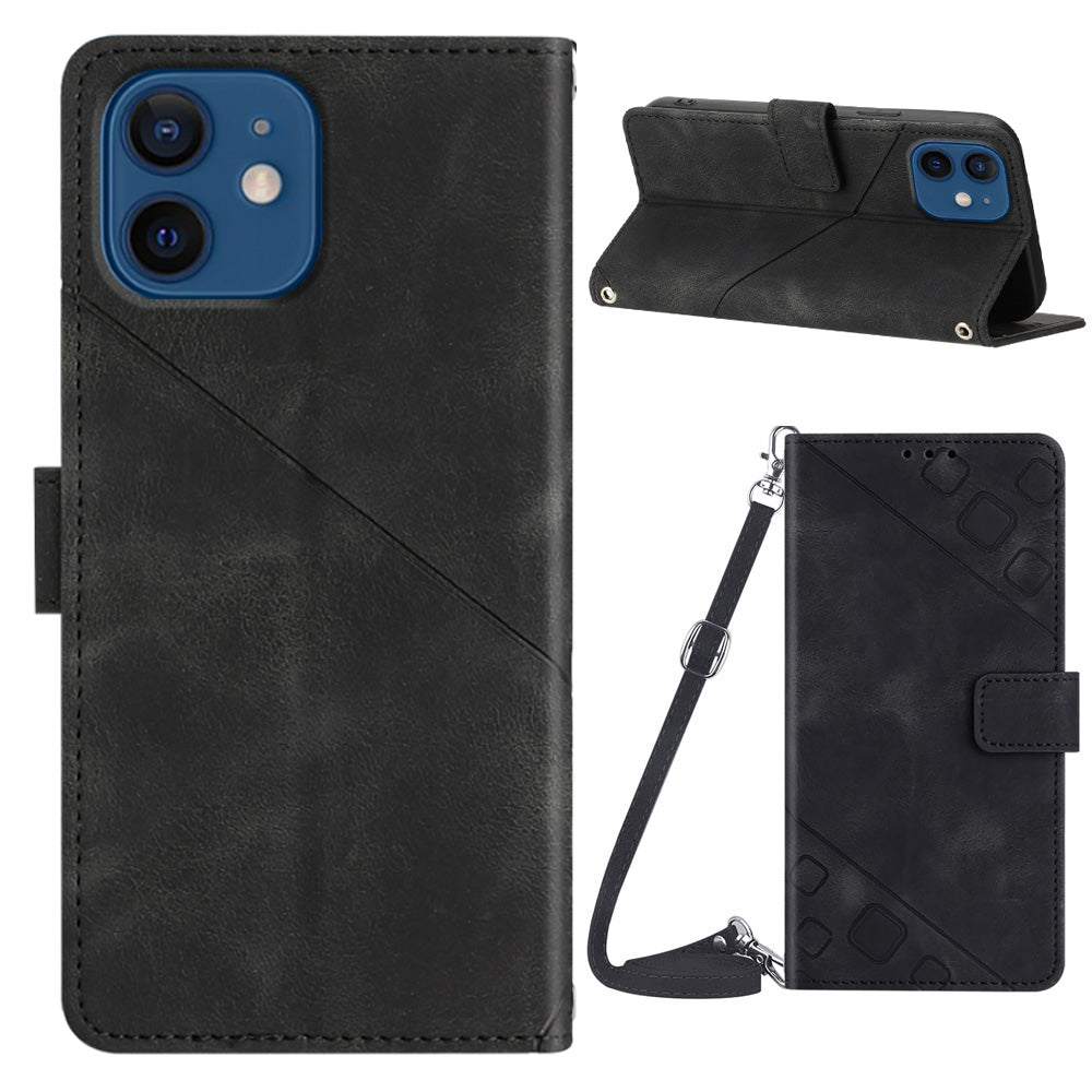 PT005 YB Imprinting Series-7 for iPhone 12 12 Pro Wallet Stand Phone Case Imprinted Lines Leather Cover with Shoulder Strap PT005 YB Imprinting Series-7 for iPhone 12 12 Pro Wallet Stand Phone Case Imprinted Lines Leather Cover with Shoulder Strap